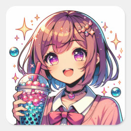 Cute Anime Girl Holding Bubble Tea Fyrkantigt Klistermärke