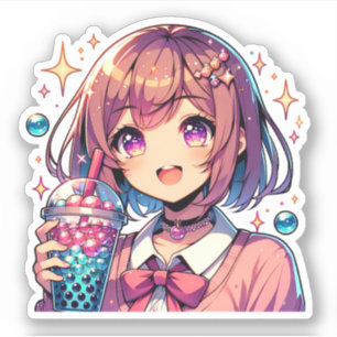 Cute Anime Girl Holding Bubble Tea Klistermärken