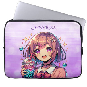 Cute Anime Girl Holding Bubble Tea Personlig Laptop Fodral