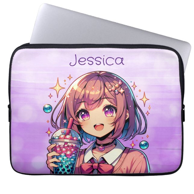 Cute Anime Girl Holding Bubble Tea Personlig Laptop Fodral (Framsidan)