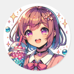 Cute Anime Girl Holding Bubble Tea Runt Klistermärke