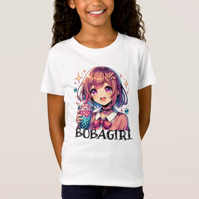 Cute Anime Girl Holding Bubble Tea T Shirt (Framsida)
