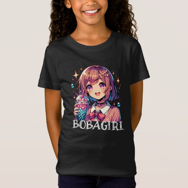 Cute Anime Girl Holding Bubble Tea T Shirt (Framsida)