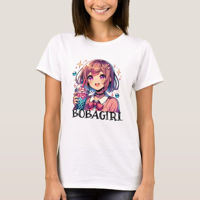 Cute Anime Girl Holding Bubble Tea T Shirt (Framsida)