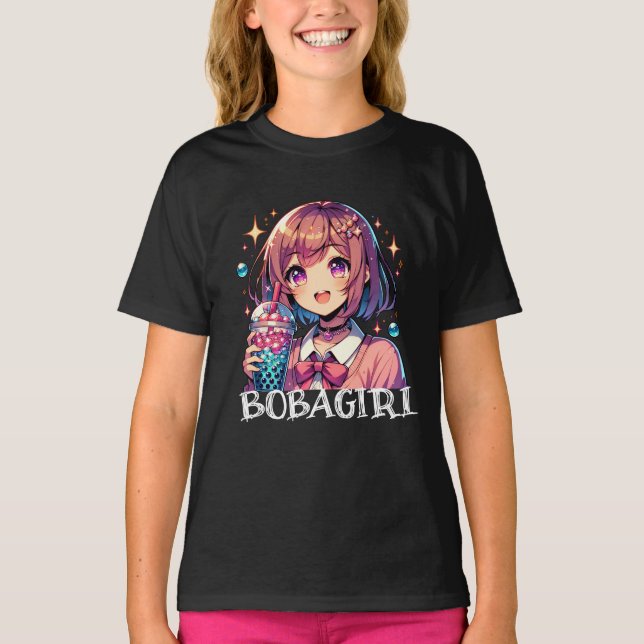 Cute Anime Girl Holding Bubble Tea T Shirt (Framsida)