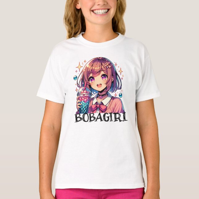 Cute Anime Girl Holding Bubble Tea T Shirt (Framsida)