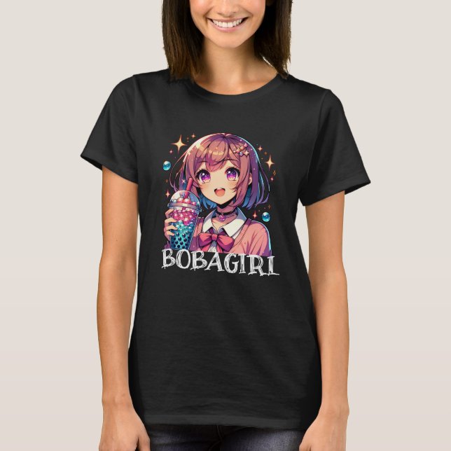 Cute Anime Girl Holding Bubble Tea T Shirt (Framsida)