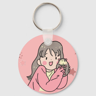 Cute Anime Girl Hugging Opossum Keychain - Kawaii  Nyckelring