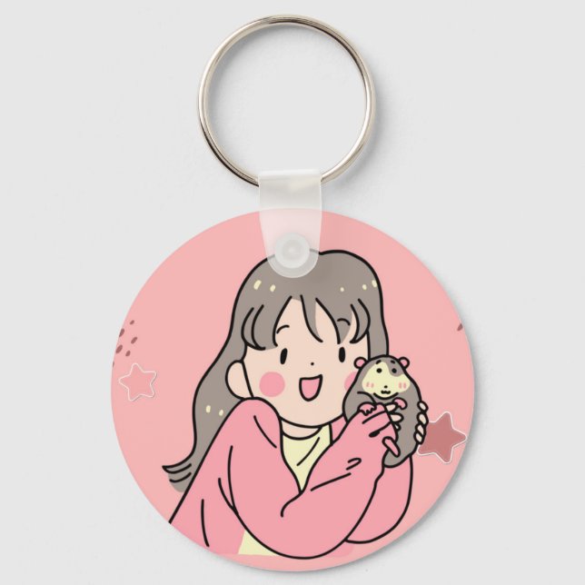 Cute Anime Girl Hugging Opossum Keychain - Kawaii  Nyckelring (Framsida)
