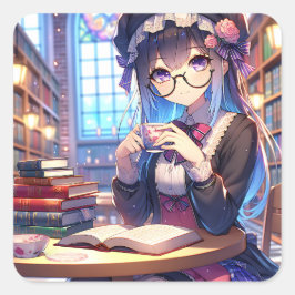 Cute Anime Girl in Glasses Reading Fyrkantigt Klistermärke