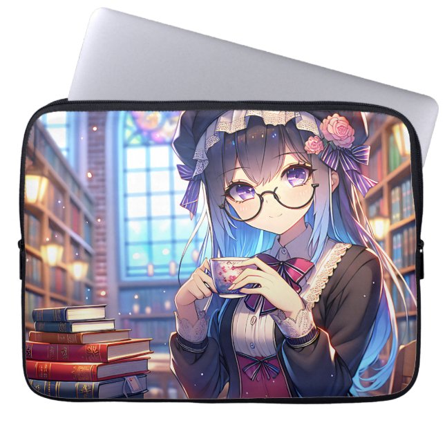 Cute Anime Girl in Glasses Reading Laptop Fodral (Framsidan)
