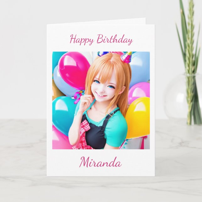Cute Anime Girl med ballonger Birthday Kort (Framsida)