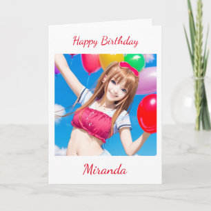 Cute Anime Girl med Balloon Birthday Kort