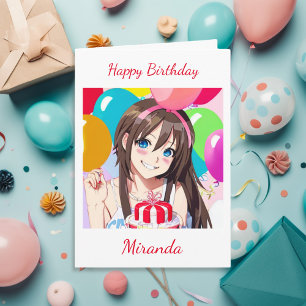 Cute Anime Girl med Balloon Birthday Kort