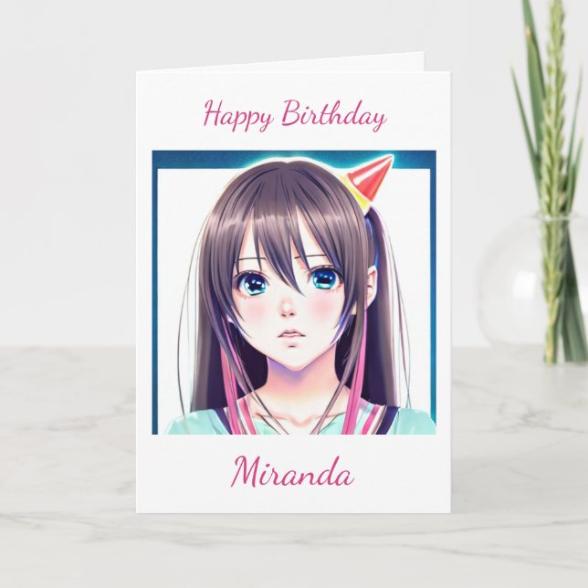 Cute Anime Girl med Birthday Hat Kort (Framsida)