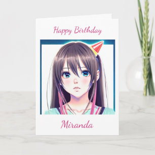 Cute Anime Girl med Birthday Hat Kort