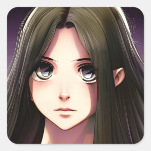 Cute Anime Girl med Brown Hair och Blue Ögon Fyrkantigt Klistermärke