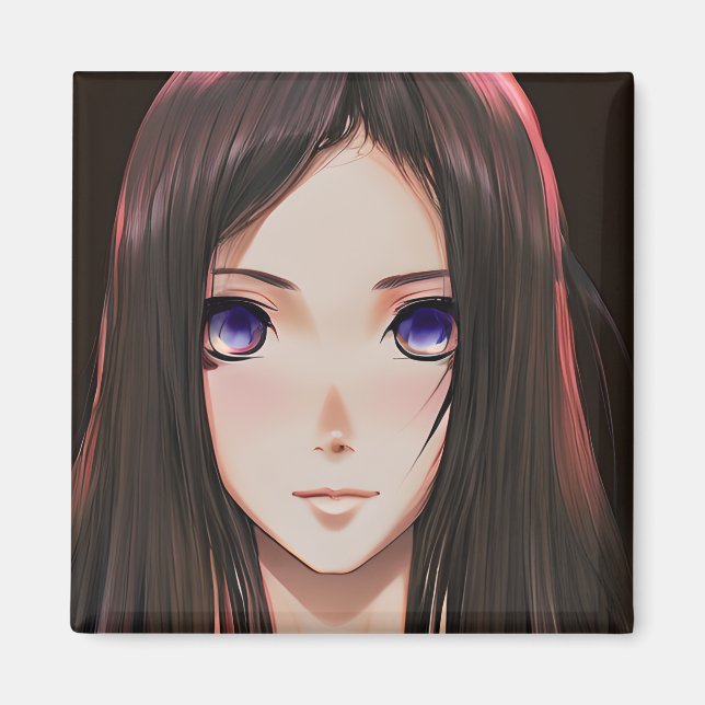 Cute Anime Girl med Brown Hair och Blue Ögon Magnet (Framsidan)