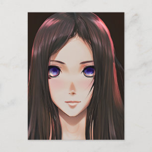 Cute Anime Girl med Brown Hair och Blue Ögon Vykort