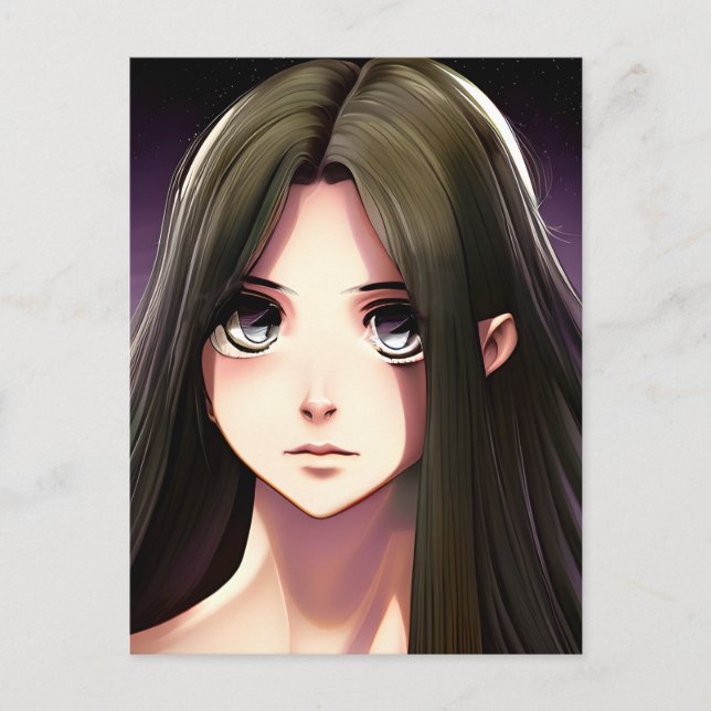 Cute Anime Girl med Brown Hair och Blue Ögon Vykort (Framsida)