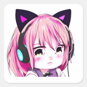 Cute Anime Girl med Cat Öron Fyrkantigt Klistermärke