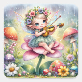 Cute Anime Girl med Violin på Mushroom Fyrkantigt Klistermärke