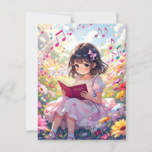 Cute Anime Girl Reading a Bok Vykort