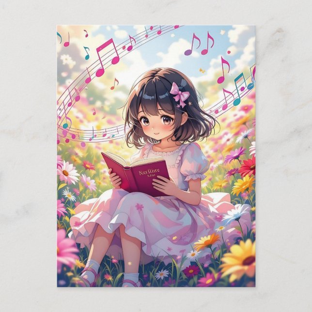 Cute Anime Girl Reading a Bok Vykort (Framsida)