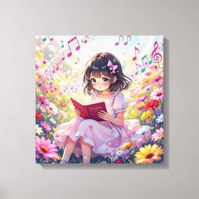 Cute Anime Girl Reading a Book Canvastryck (Framsida)