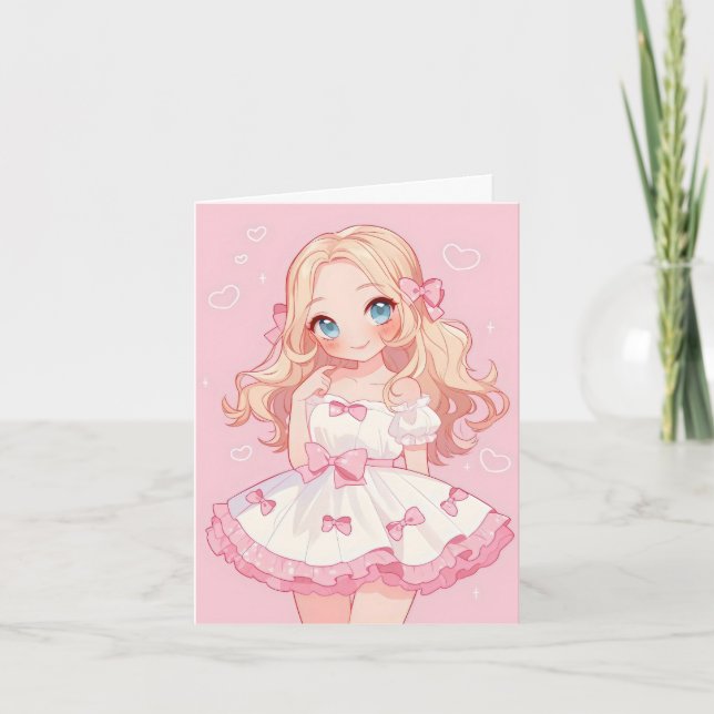Cute Anime Girl Rosa Kärlek Helgkort (Framsida)