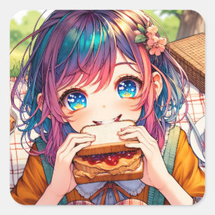 Cute Anime Girl som äter en jordnötssmör och gelég Fyrkantigt Klistermärke