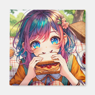 Cute Anime Girl som äter en jordnötssmör och gelég Magnet