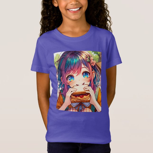 Cute Anime Girl som äter en jordnötssmör och gelég T Shirt (Framsida)