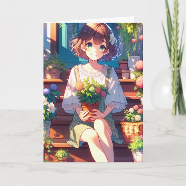Cute Anime Girl som håller en fabrik som tänker på Kort (Framsida)