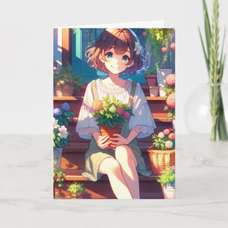 Cute Anime Girl som håller en fabrik som tänker på Kort