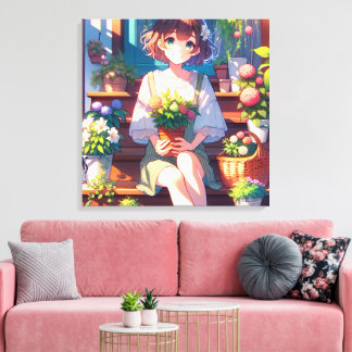 Cute Anime Girl som håller en växt Canvastryck