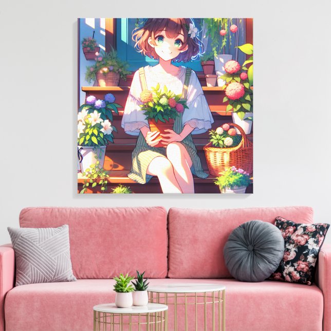 Cute Anime Girl som håller en växt Canvastryck (Insitu (Vardagsrum))