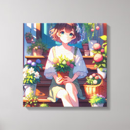 Cute Anime Girl som håller en växt Canvastryck