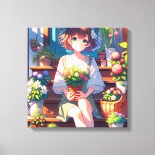 Cute Anime Girl som håller en växt Canvastryck