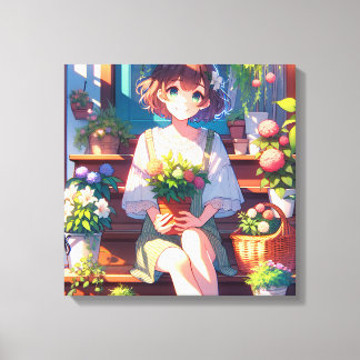 Cute Anime Girl som håller en växt Canvastryck