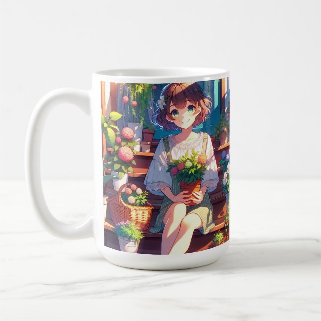 Cute Anime Girl som håller en växt Kaffemugg (Vänster)