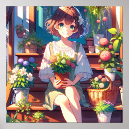 Cute Anime Girl som håller en växt Poster