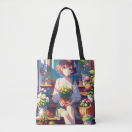 Cute Anime Girl som håller en växt Tygkasse