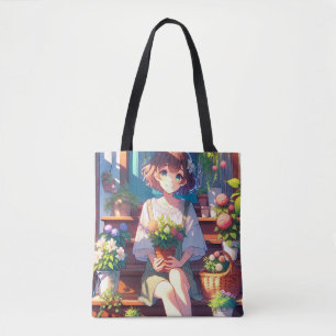 Cute Anime Girl som håller en växt Tygkasse