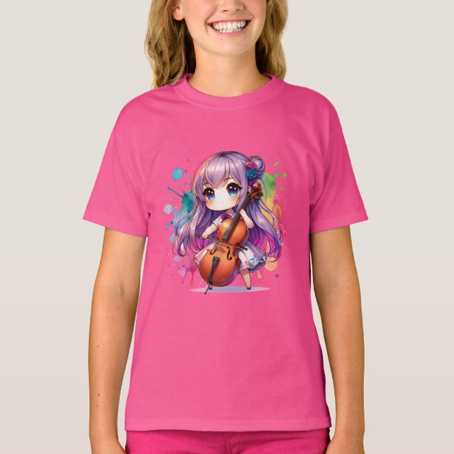 Cute Anime Girl spelar Cello Player T Shirt (Framsida)