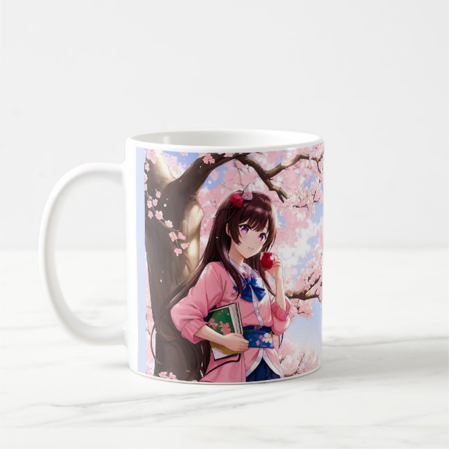 Cute Anime Girl under en Cherry Blommar Träd Kaffemugg (Vänster)