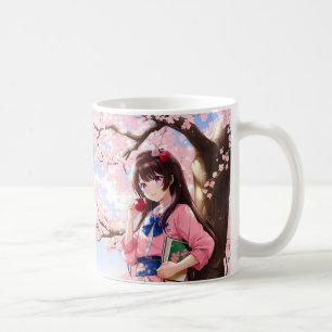 Cute Anime Girl under en Cherry Blommar Träd Kaffemugg