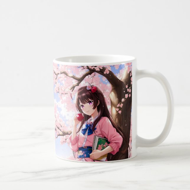 Cute Anime Girl under en Cherry Blommar Träd Kaffemugg (Höger)