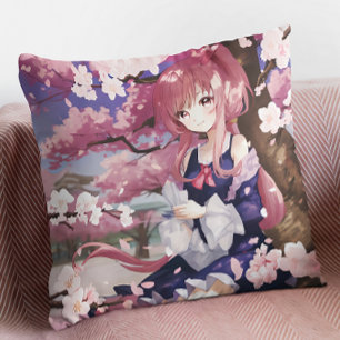 Cute Anime Girl under en Cherry Blommar Träd Kudde