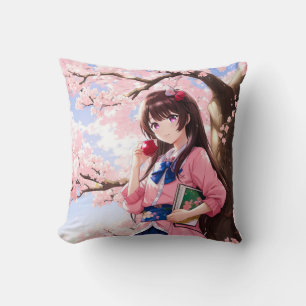 Cute Anime Girl under en Cherry Blommar Träd Kudde